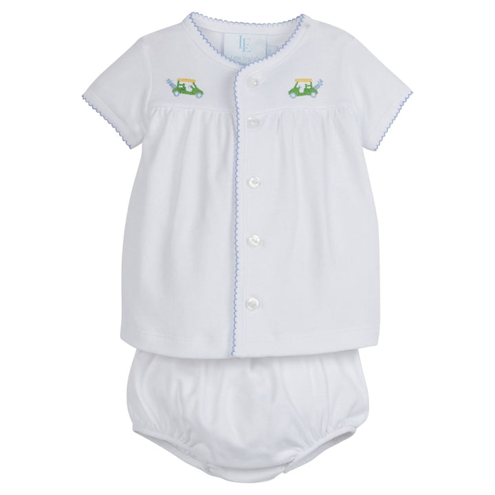 Little English traditional children’s clothing,  classic baby's white knit set for Spring, short-sleeve top and diaper cover with golf cart pinpoint and light blue picot trim