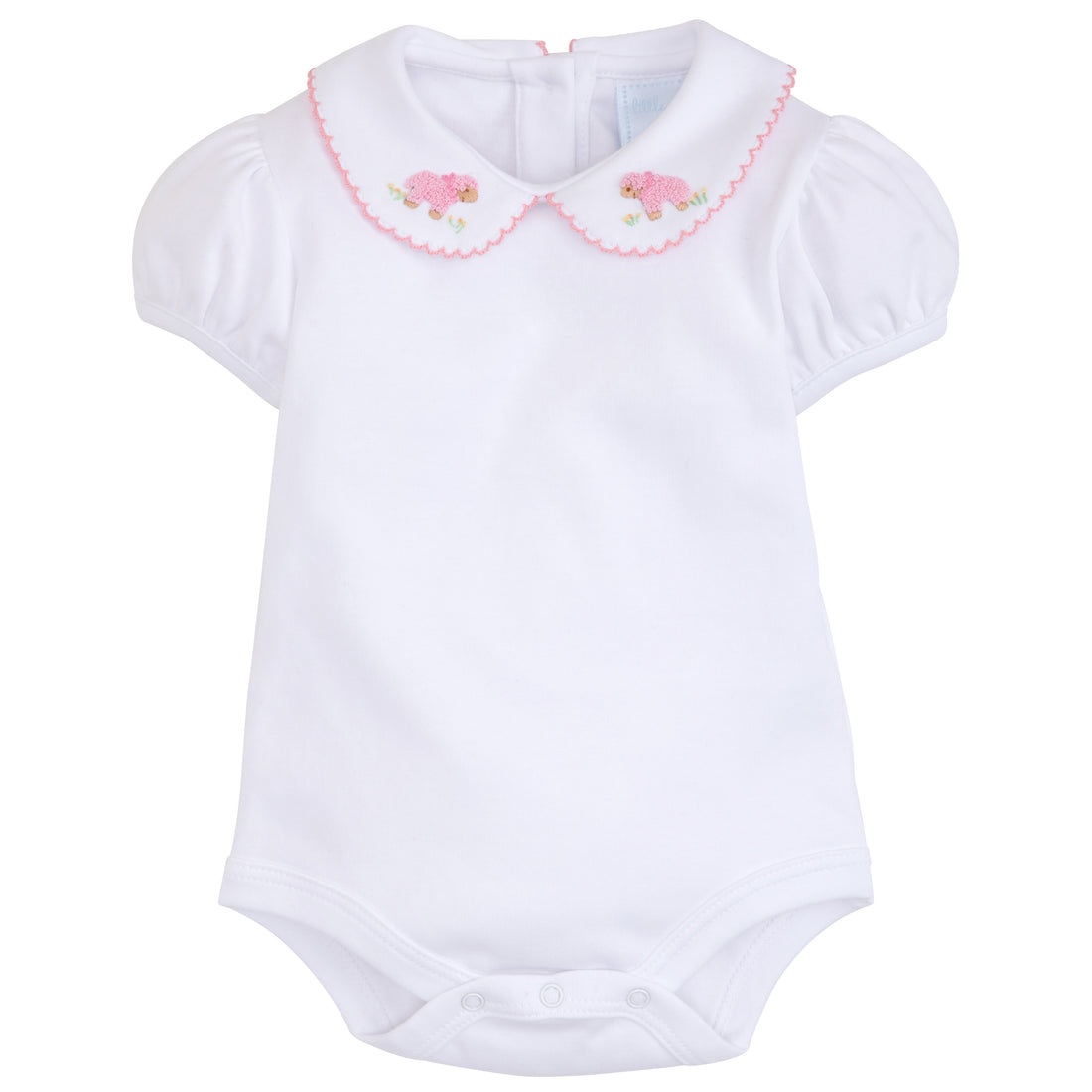 Little English pinpoint onesie for baby girl with sheep design on collar