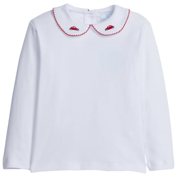Little English classic childrens clothing toddler boys white shirt with pinpoint cars on peter pan collar