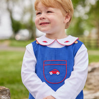 Little English classic childrens clothing toddler boys white shirt with pinpoint cars on peter pan collar
