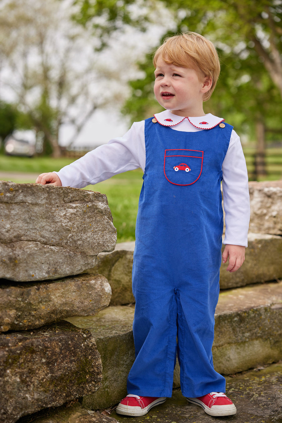 Little English classic childrens clothing toddler boy blue overall with embroidered car on chest