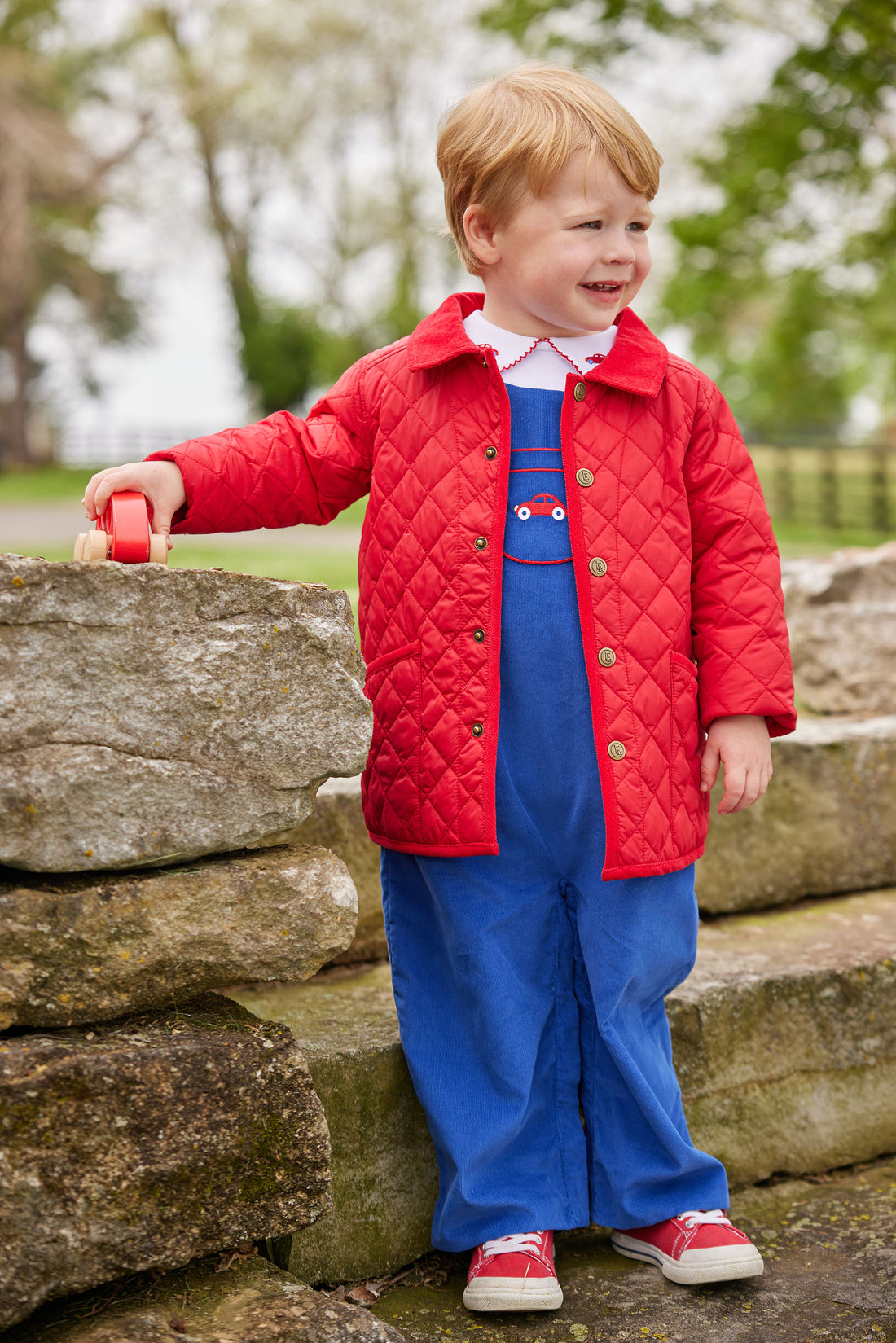 Little English classic childrens clothing unisex button snap quilted jacket in red