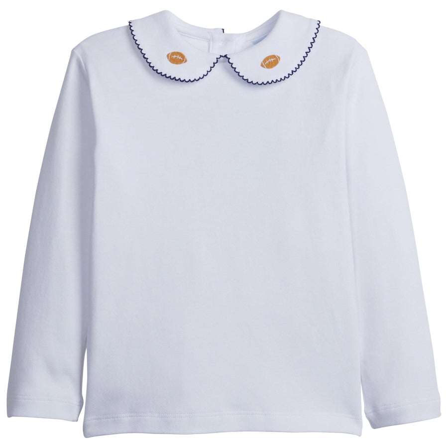 little english classic childrens clothing boys white long sleeve shirt with pinpoint footballs on peter pan collar