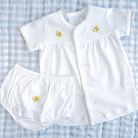 Little English two piece cotton layette set for baby with two embroidered yellow bees