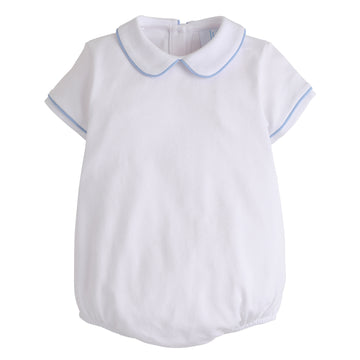 Little English traditional children's clothing, baby boy's white knit peter pan bubble with with light blue piping