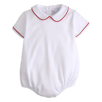 Little English traditional children's clothing, baby boy's white knit peter pan bubble with with red piping