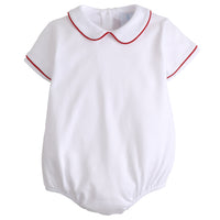 Little English traditional children's clothing, baby boy's white knit peter pan bubble with with red piping