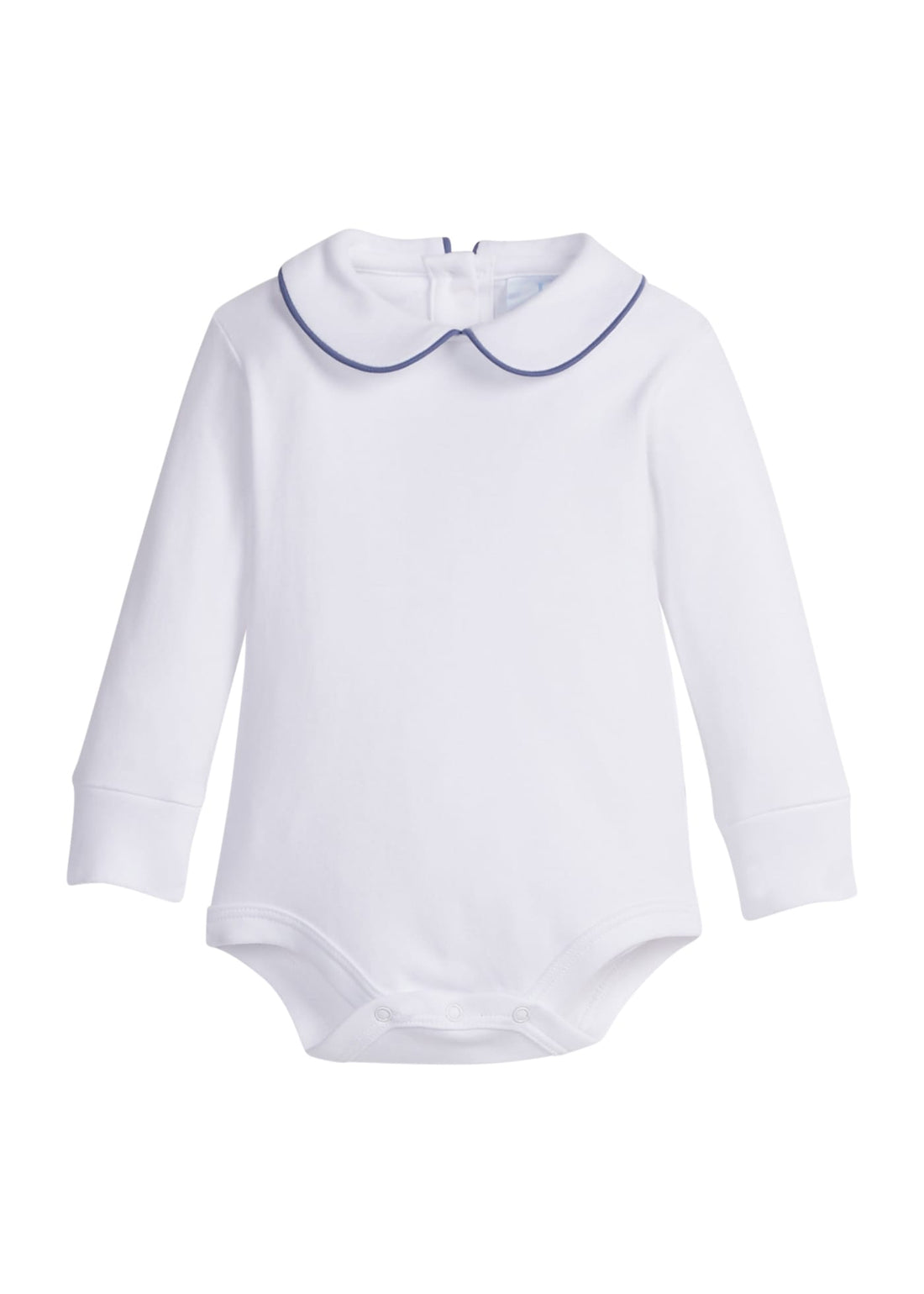 little english classic childrens clothing boys white onesie with peter pan collar and gray blue piping on the collar
