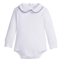 little english classic childrens clothing boys white onesie with peter pan collar and gray blue piping on the collar