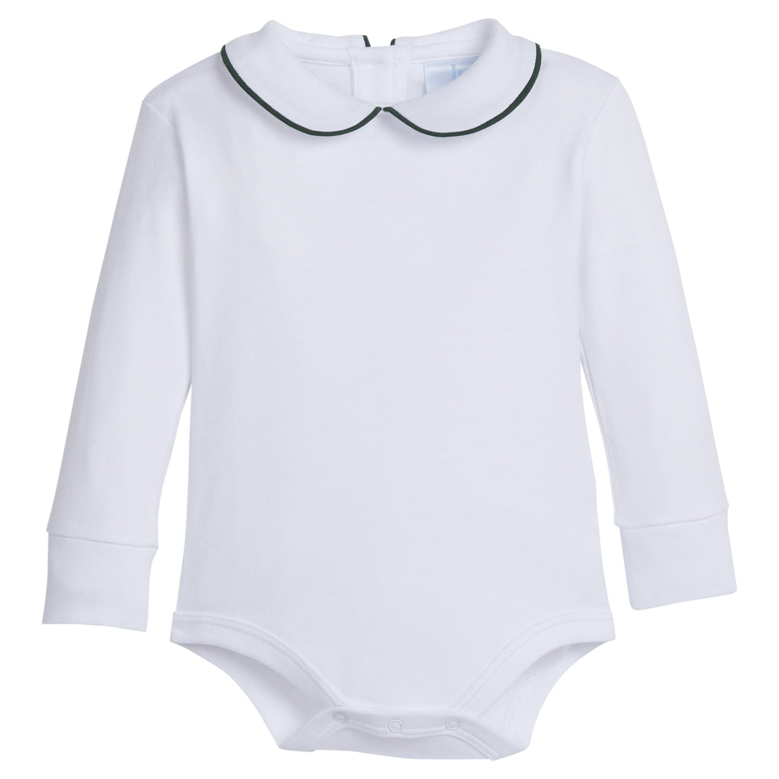 little english classic childrens clothing boys white onesie with peter pan collar and hunter green piping on the collar