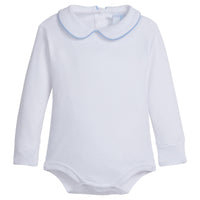 little english classic childrens clothing boys white onesie with peter pan collar and light blue piping on the collar