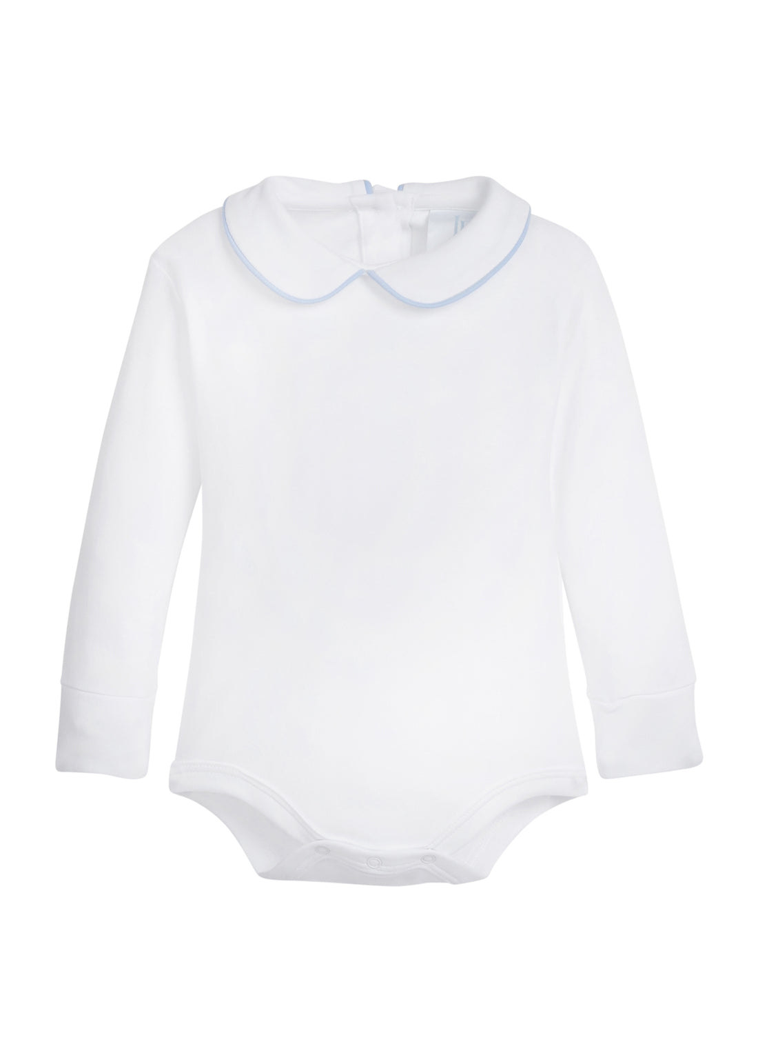 little english classic childrens clothing boys white onesie with peter pan collar and light blue piping on the collar