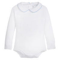 little english classic childrens clothing boys white onesie with peter pan collar and light blue piping on the collar