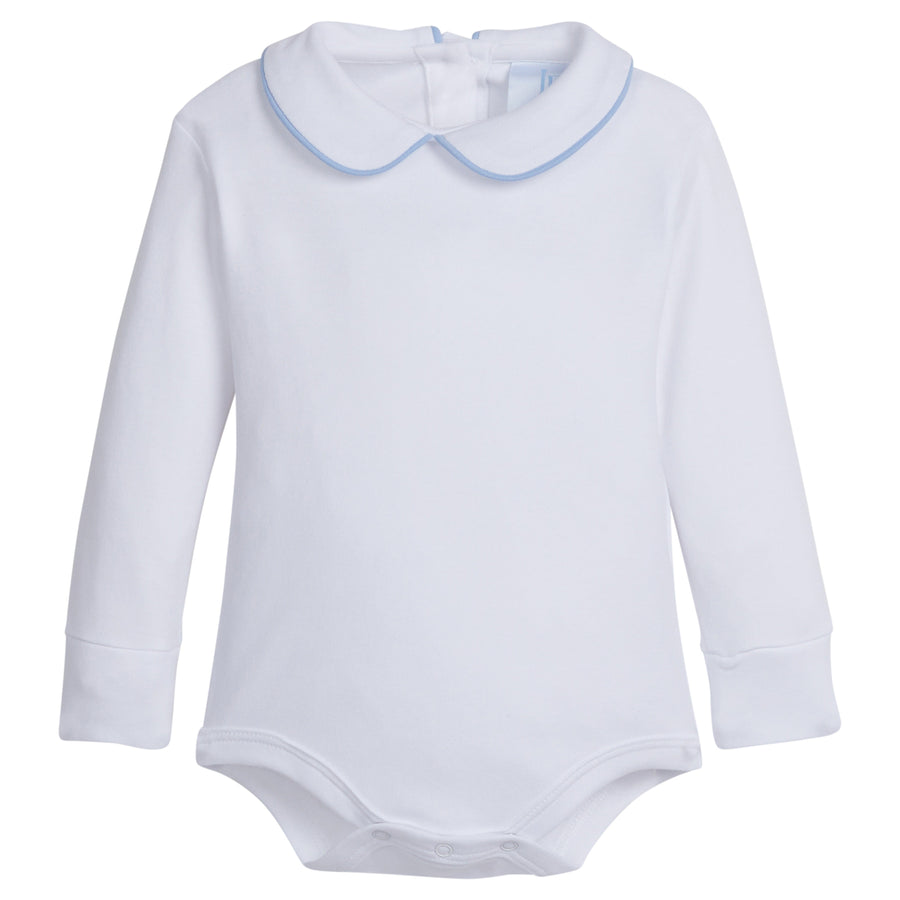 little english classic childrens clothing boys white onesie with peter pan collar and light blue piping on the collar