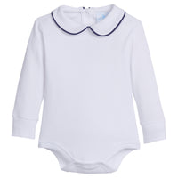 little english classic childrens clothing boys white onesie with peter pan collar and navy piping on the collar