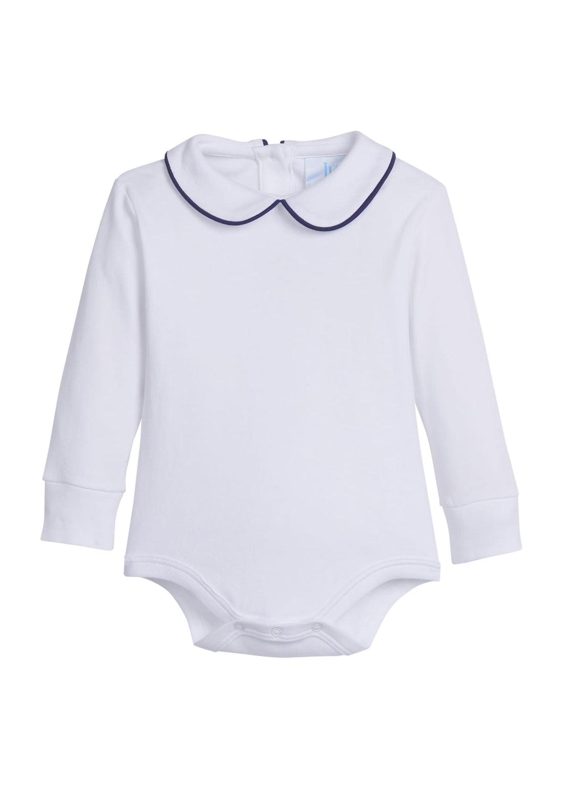 little english classic childrens clothing boys white onesie with peter pan collar and navy piping on the collar