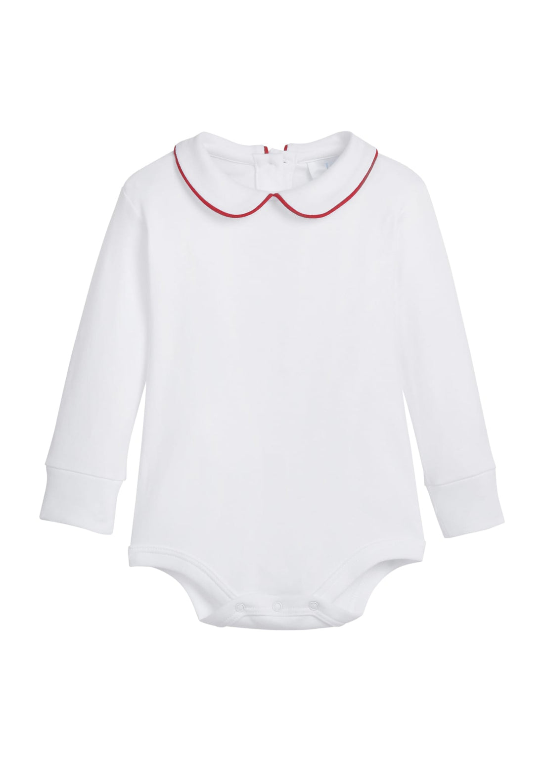 little english classic childrens clothing boys white onesie with peter pan collar and red piping on the collar