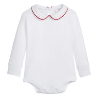 little english classic childrens clothing boys white onesie with peter pan collar and red piping on the collar