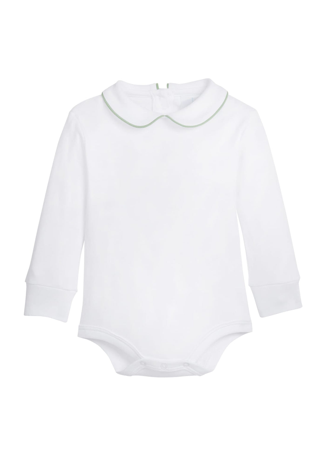 little english classic childrens clothing boys white onesie with peter pan collar and watercress green piping on the collar