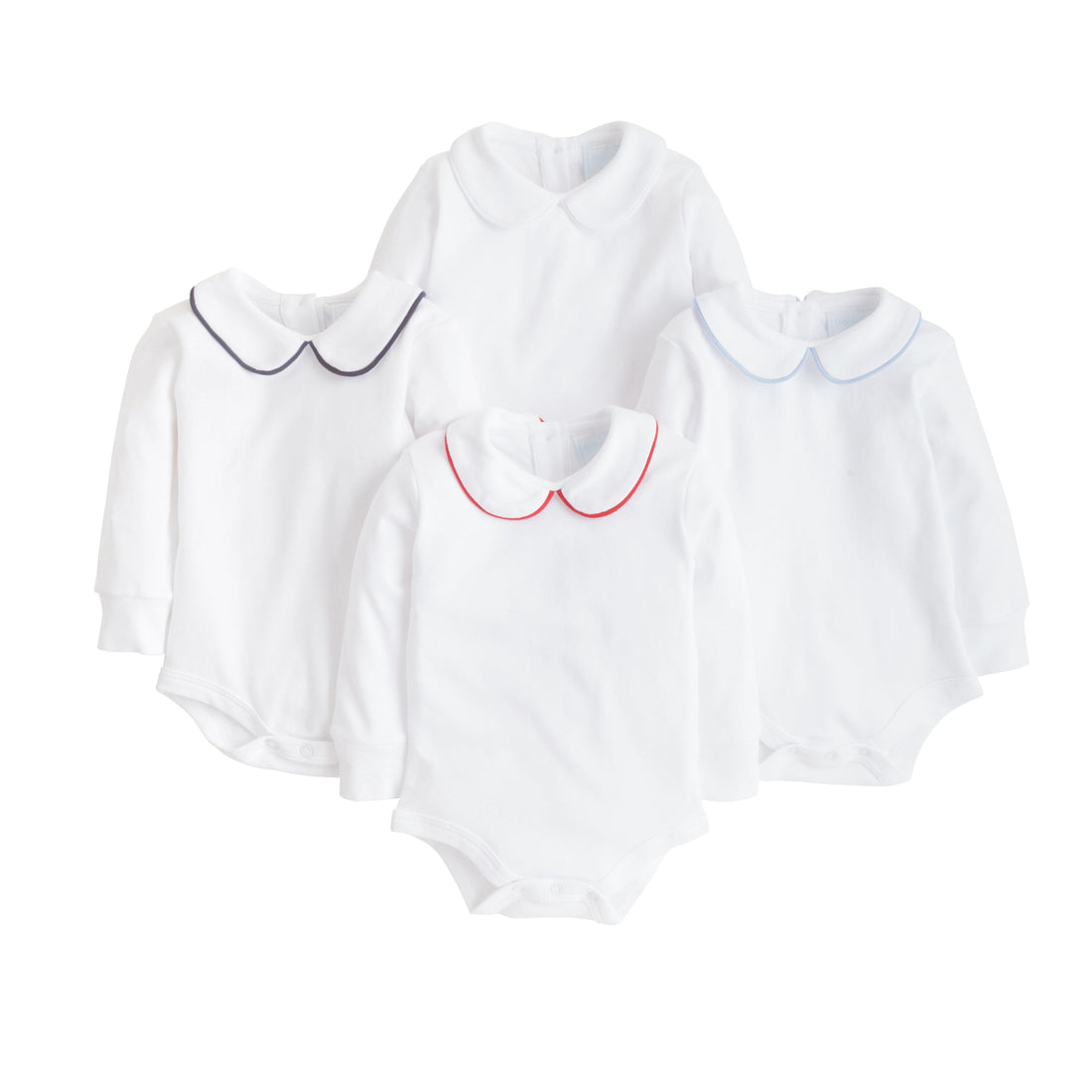 little english classic childrens clothing boys white onesie with peter pan collar and navy piping on the collar
