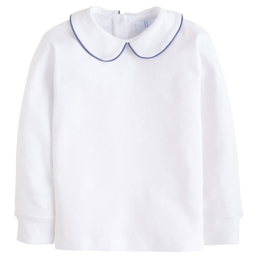 little english classic white shirt with peter pan collar and gray blue piping on the collar for little boys