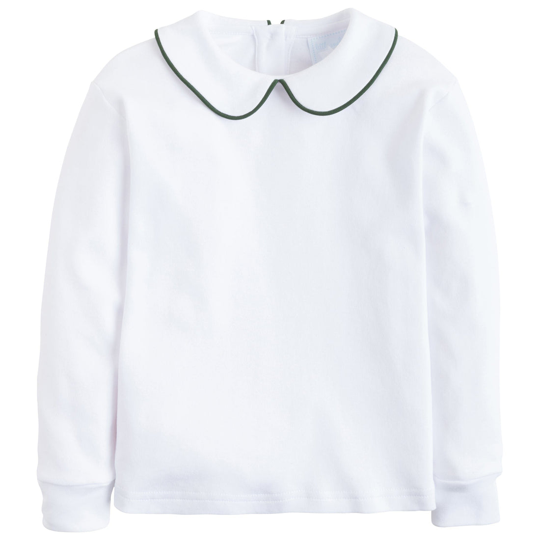 little english classic childrens clothing boys white shirt with peter pan collar and hunter green piping on the collar