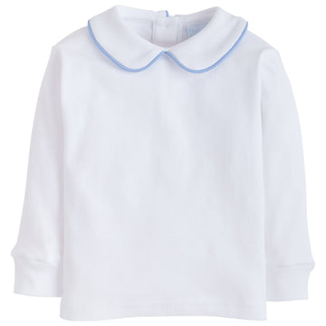 little english classic childrens clothing boys white shirt with peter pan collar and light blue piping on collar