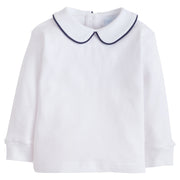little english classic childrens clothing boys white shirt with peter pan collar and navy piping on collar