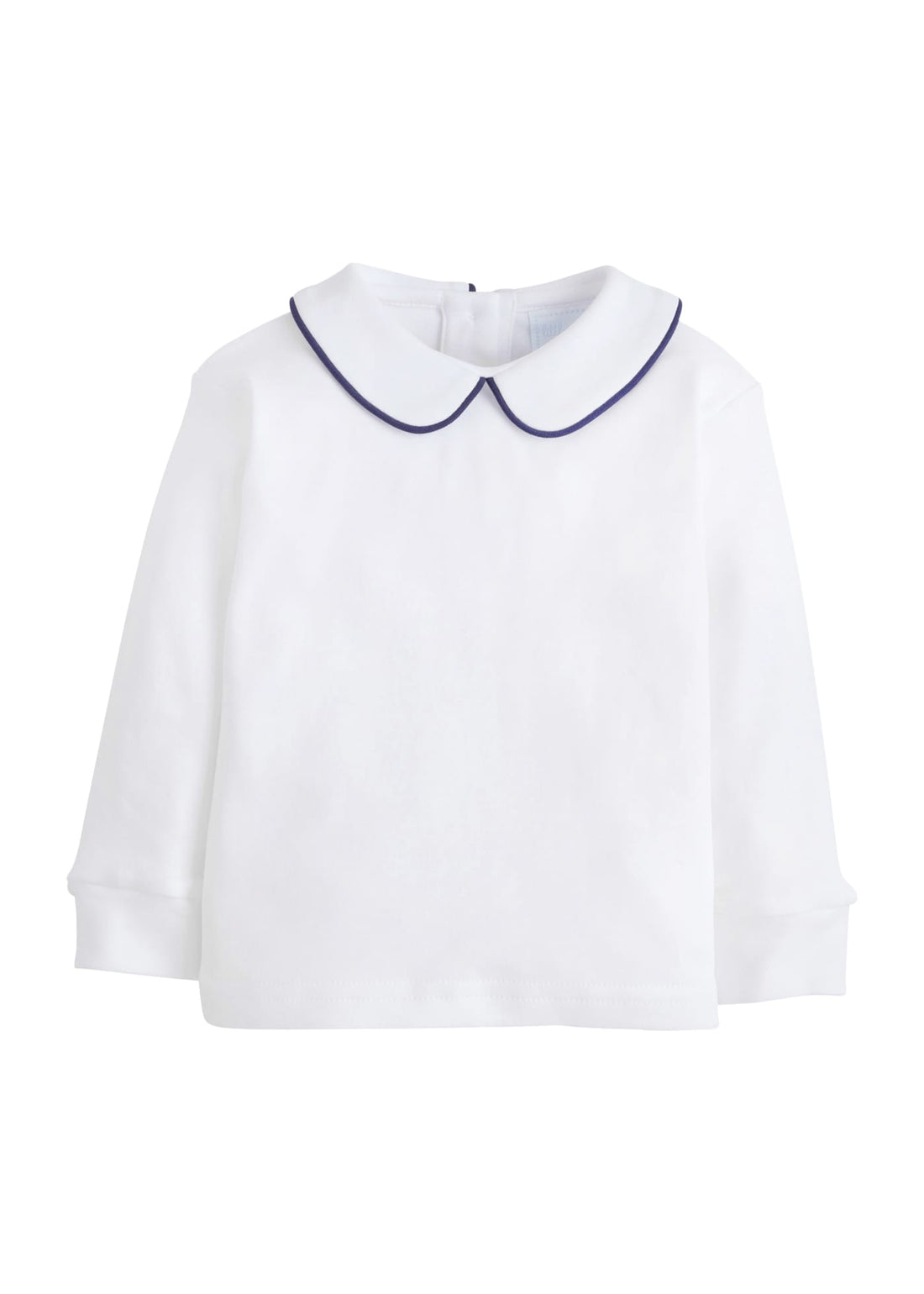 little english classic childrens clothing boys white shirt with peter pan collar and navy piping on collar