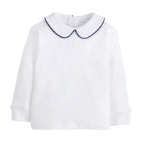 little english classic childrens clothing boys white shirt with peter pan collar and navy piping on collar