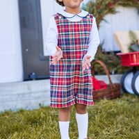 little english classic children's clothes, peter pan shirt with navy piping, Button tab john john in deep red, hunter green, and navy middleburg plaid for toddler boys for fall.  Holiday outfit for little boys