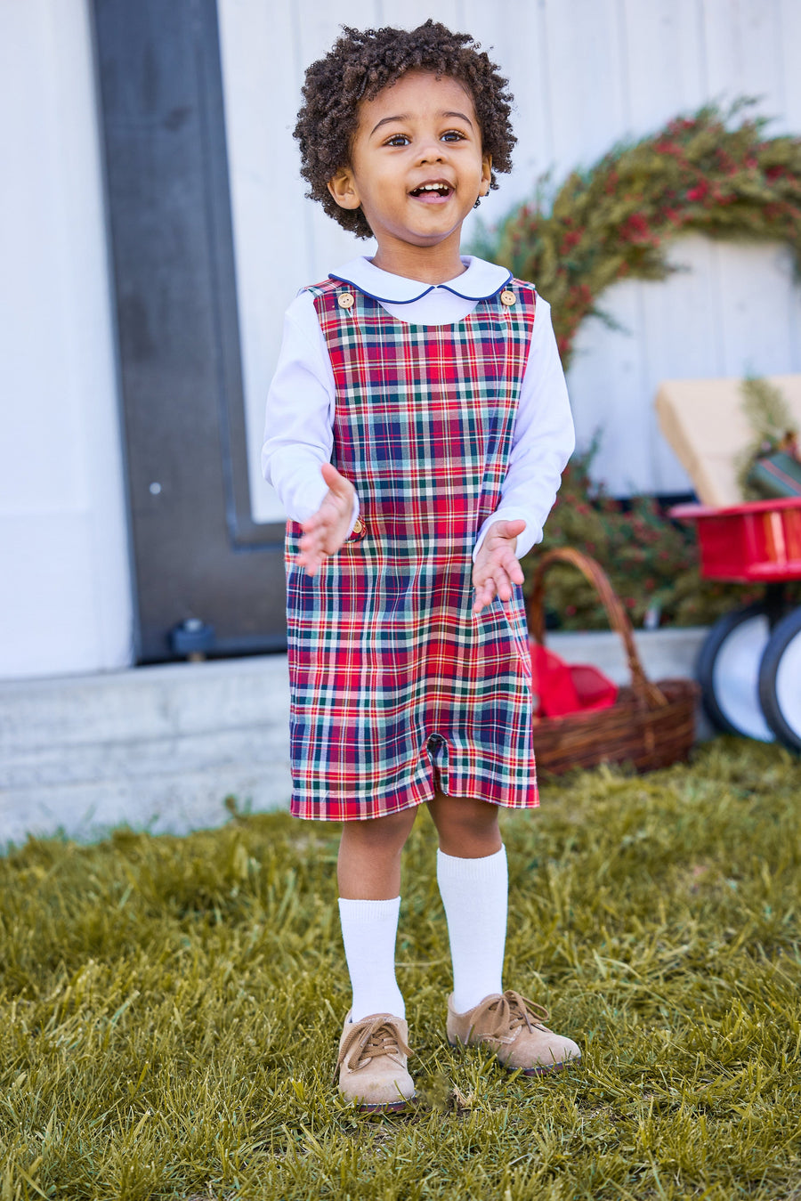 little english classic children's clothes, peter pan shirt with navy piping, Button tab john john in deep red, hunter green, and navy middleburg plaid for toddler boys for fall.  Holiday outfit for little boys