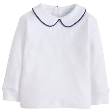 little english classic childrens clothing boys white shirt with peter pan collar and navy piping on collar