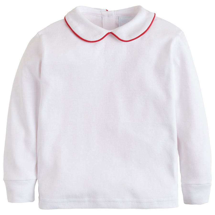 little english classic childrens clothing boys white shirt with peter pan collar and red piping on collar