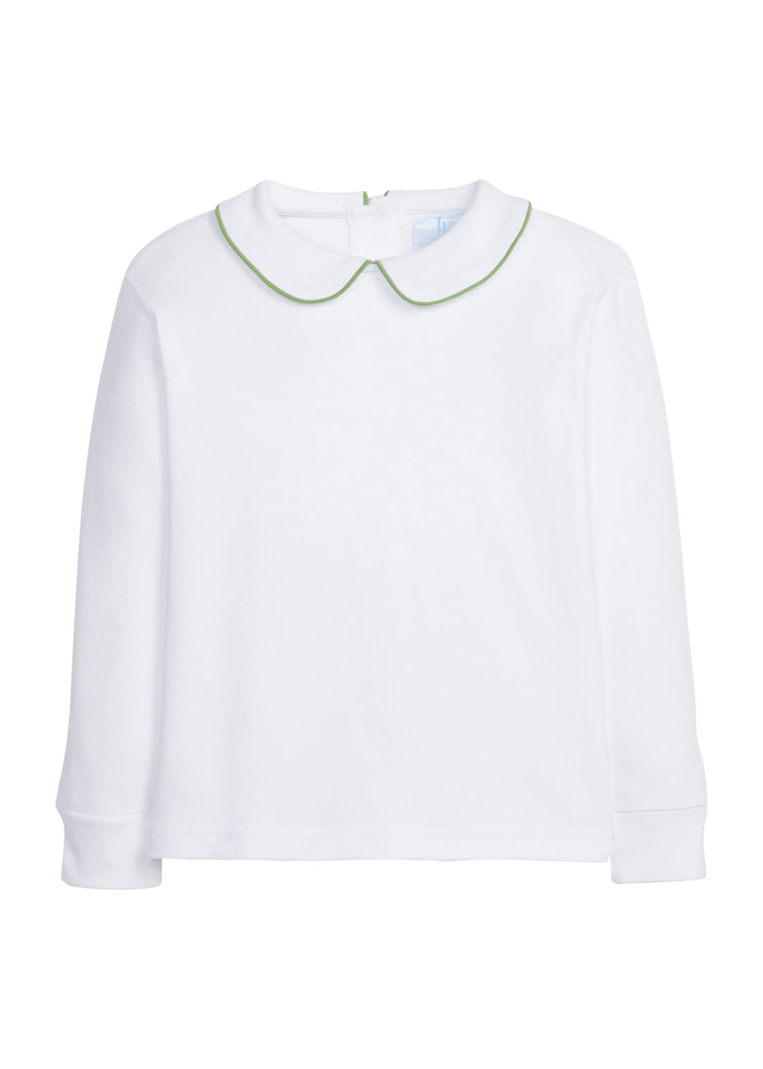 little english classic childrens clothing, boys white shirt with peter pan collar and light green piping on collar
