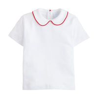 Little English boy's knit peter pan collar shirt with red piping, short sleeve top for boys