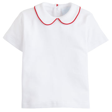 Little English boy's knit peter pan collar shirt with red piping, short sleeve top for boys