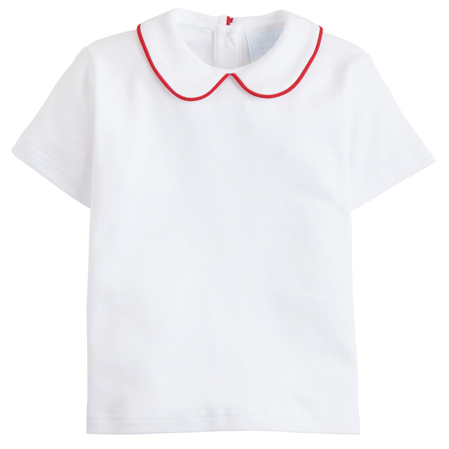 Little English boy's knit peter pan collar shirt with red piping, short sleeve top for boys