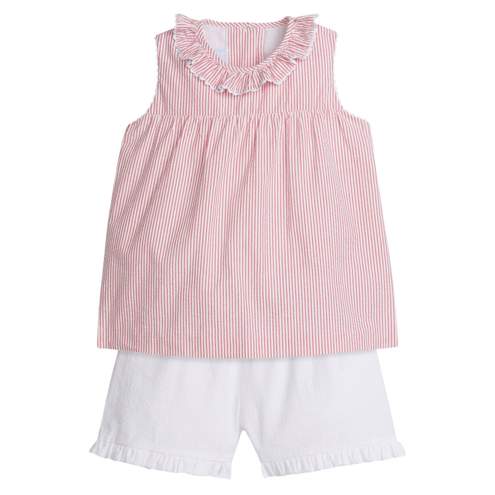 Little English traditional children's clothing, girl's classic seersucker short set for Summer, sleeveless red and white stripe seersucker top with ruffle collar, white seersucker pull on short with ruffle detail at the legs
