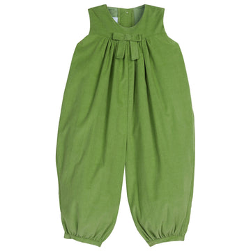 Little English classic childrens clothing baby girl green corduroy jumper with front bow on chest