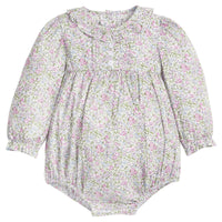 little english classic children's clothing baby girls pink, lavender, and green floral long sleeve bubble with three buttons on the chest and ruffle collar for fall 