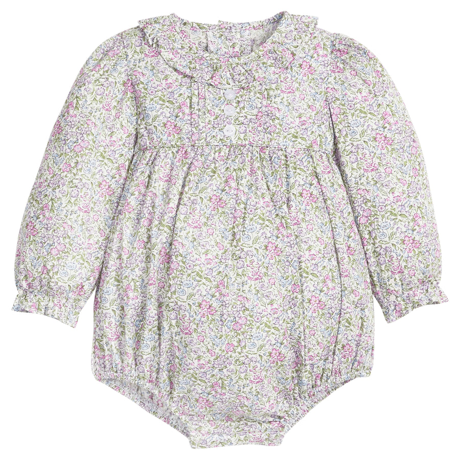 little english classic children's clothing baby girls pink, lavender, and green floral long sleeve bubble with three buttons on the chest and ruffle collar for fall 