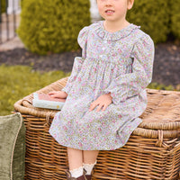 little english classic children's clothing girls pink, lavender, and green floral dress with ruffle collar for fall 