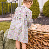 little english classic children's clothing girls pink, lavender, and green floral dress with ruffle collar for fall 