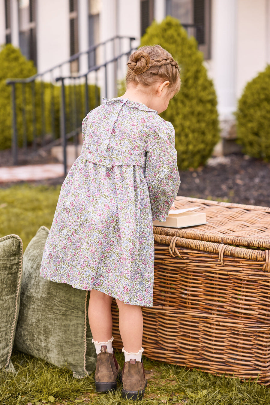 little english classic children's clothing girls pink, lavender, and green floral dress with ruffle collar for fall 