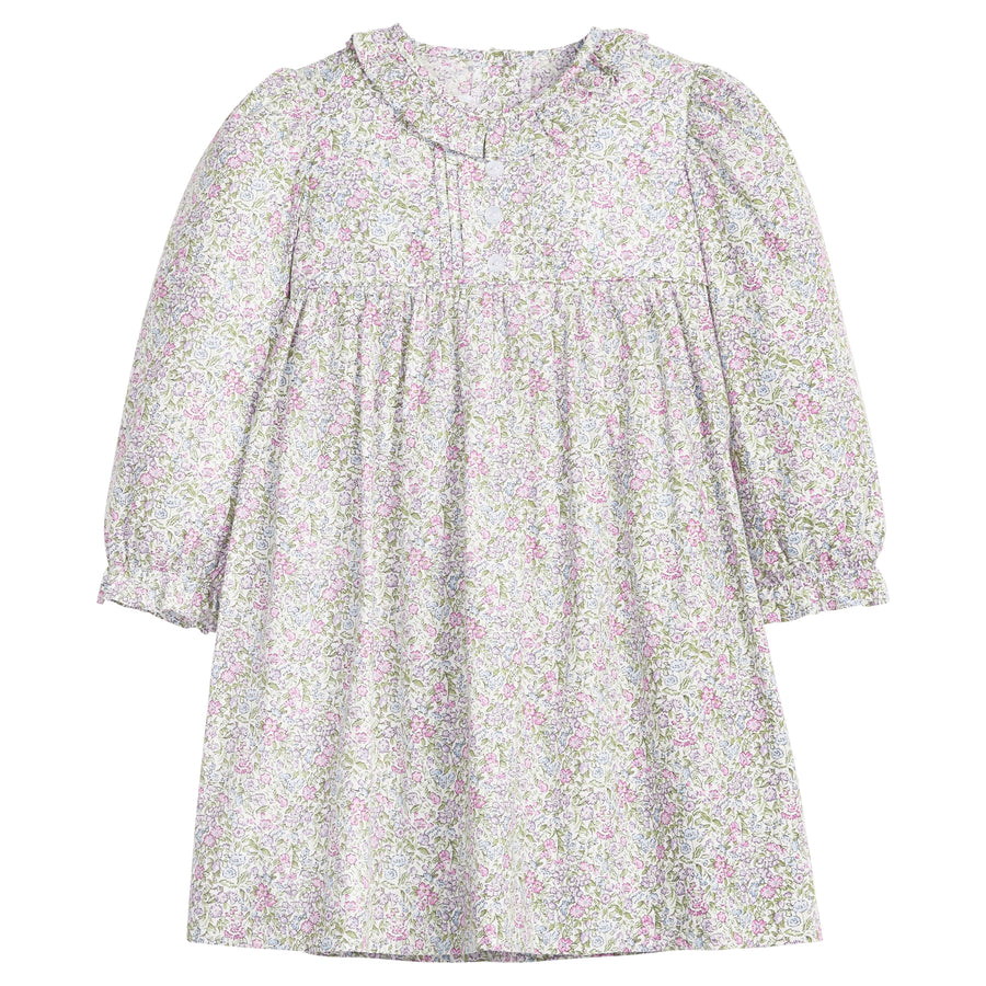 little english classic children's clothing girls pink, lavender, and green floral dress with ruffle collar for fall 