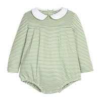 Little English classic children's clothing. Short sleeve knit peter pan bubble in green & white Watercress Stripe for baby boys