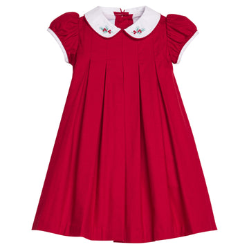 little english classic children's clothing girls red pleated dress with peter pan collar with holly embroidery for holiday 
