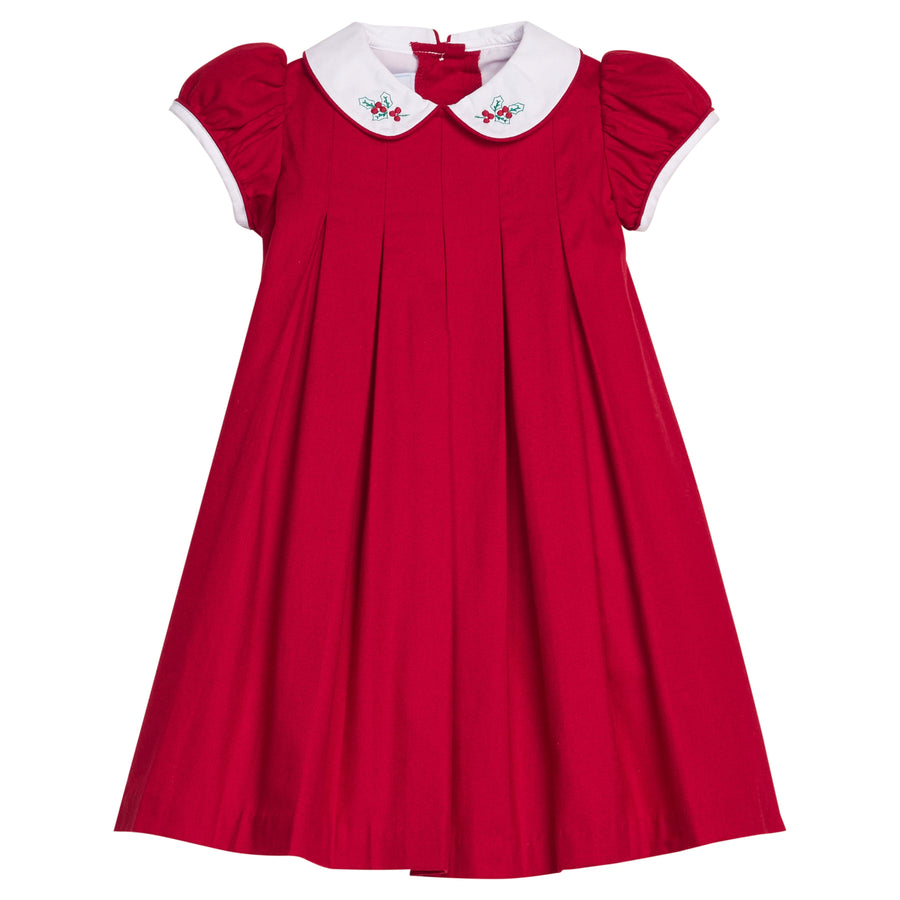 little english classic children's clothing girls red pleated dress with peter pan collar with holly embroidery for holiday 