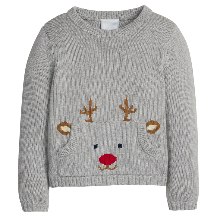 little english classic children's clothing boys gray sweater with reindeer front pocket for holiday 